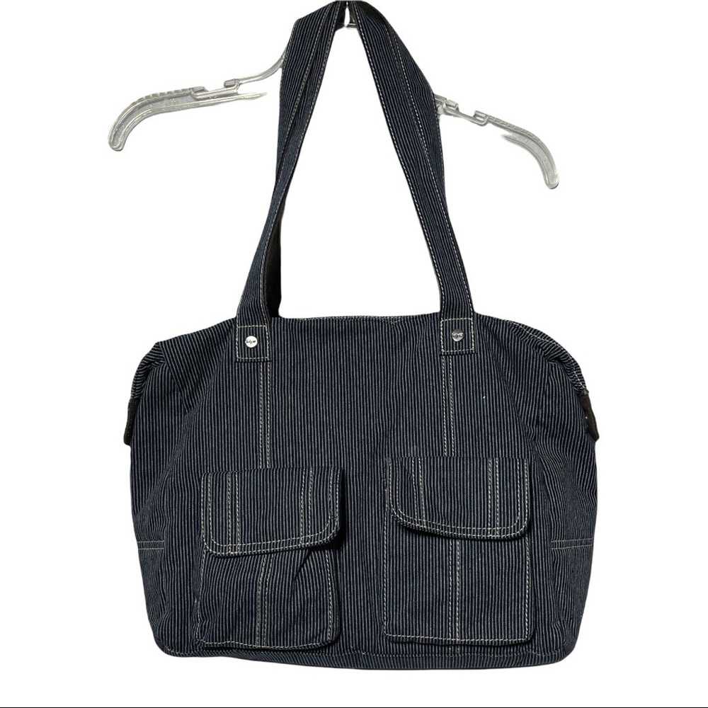 Thirty-One Handbag Tote Cargo Railroad Blue Pinstripe Denim Canvas Straps - Picture 2 of 6